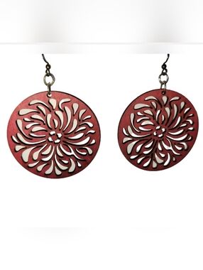 Laser Cut Wood Raindrop Circle Dangle Earrings Brick Red Color